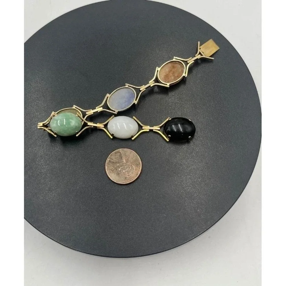 14K Gold Clasp Jade‎ Multi Color Jadeite Stone Cabochon Vintage 10-12k Bracelet